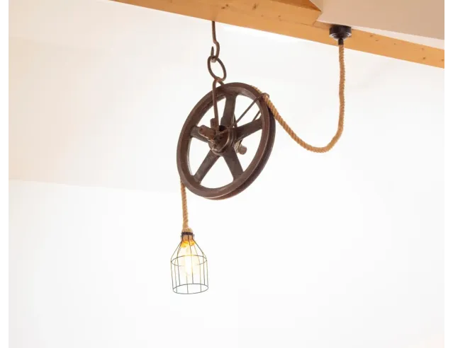 Rustic Pendant Lights – Handcrafted from Recycled Wood & Reclaimed Iron Pulley