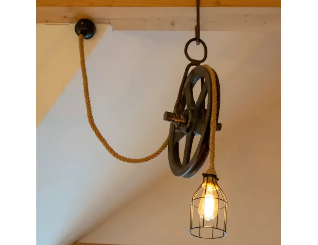 Rustic Pendant Lights – Handcrafted from Recycled Wood & Reclaimed Iron Pulley