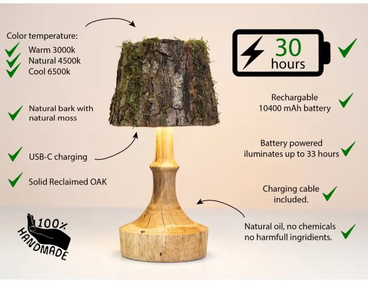 Handmade Battery LED Wood Lamp – Rustic Wireless Light